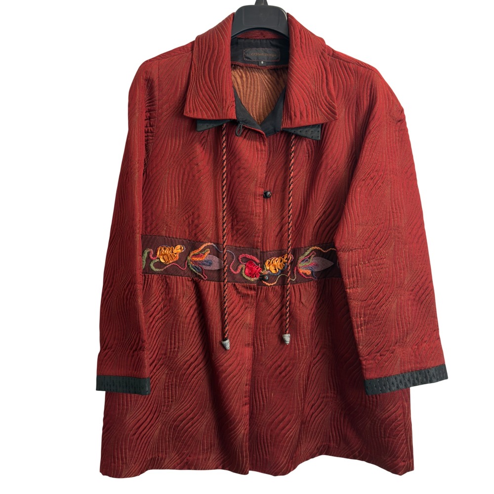 L. O'Neill Design Red Quilted Artisan Jacket Embroidered Floral Ribbon Art S